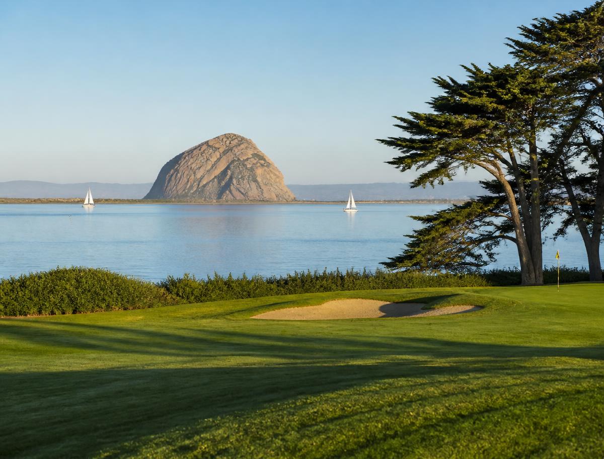 Morro Rock seen across the bay from the golf course
